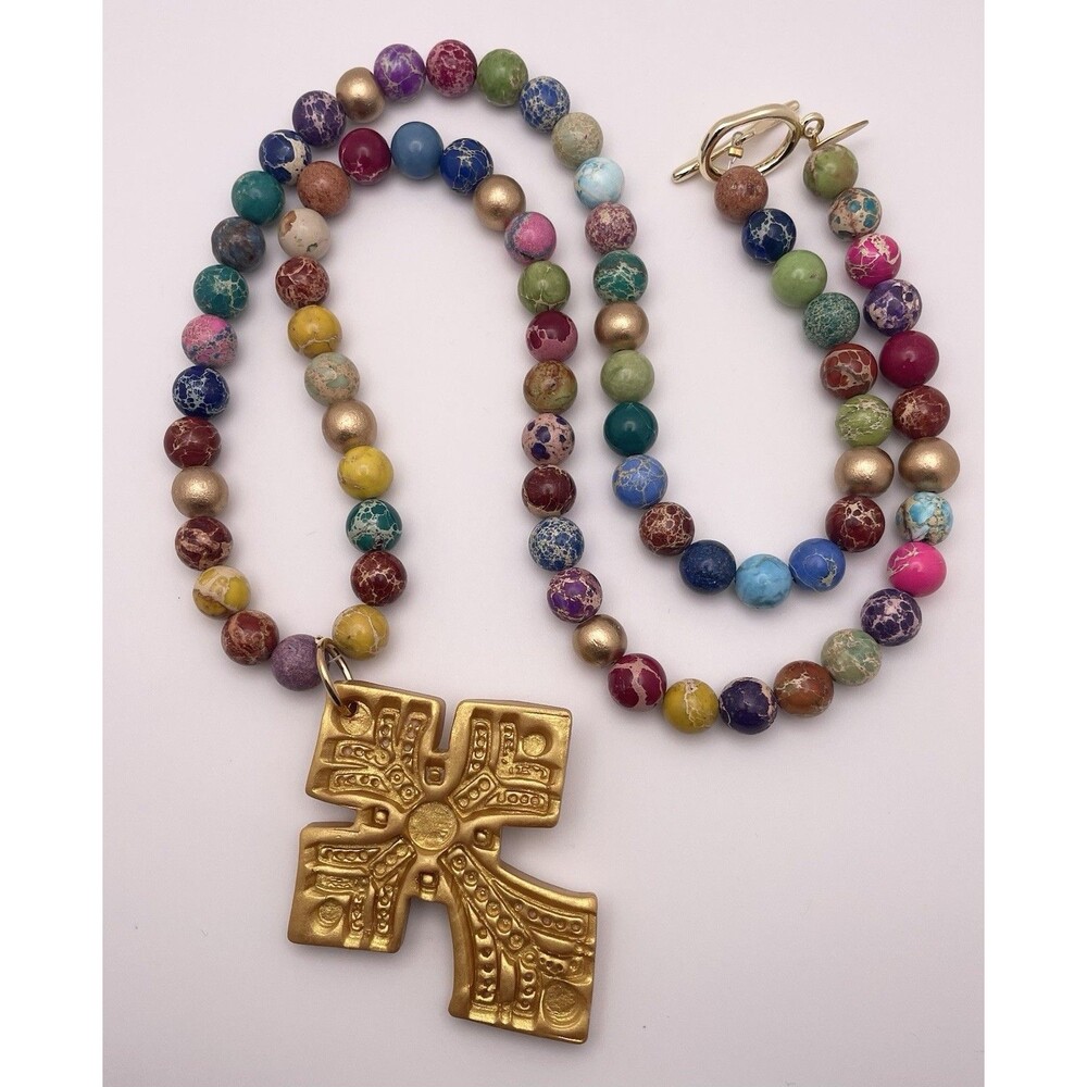 Hidden Truth Inspirational Colorful Natural Stone Cross Necklace Goldtone Clasp